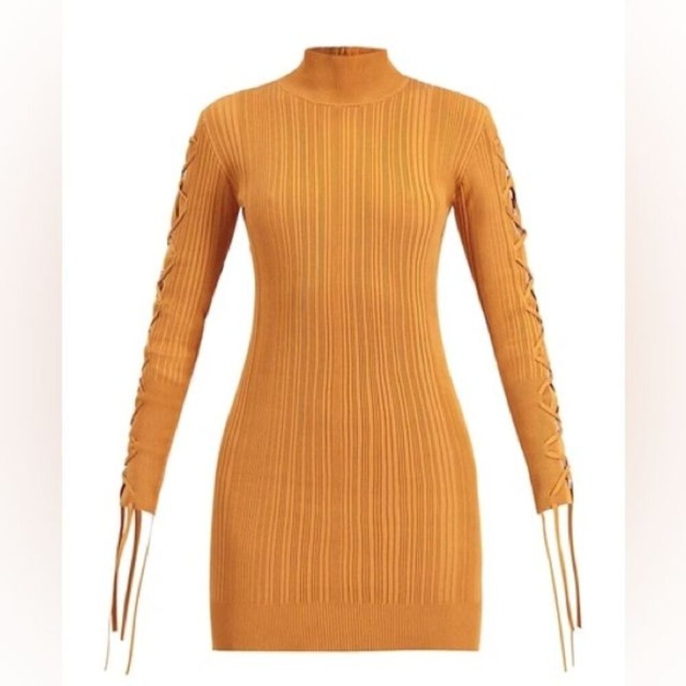 NWT Herve Leger Ribbed Side Long Sleeve Lace Up Dress